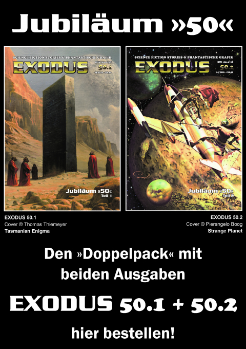 EXODUS Magazin Jubiläum 50: Doppelausgabe 50.1 und 50.2 – Coverabbildungen und Bestellhinweis